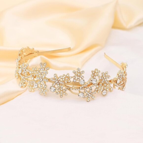 Wedding Headband Crystal Rhinestone Gold Bridal Tiara Flower Hairpiece